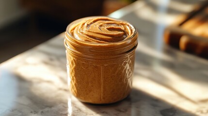 A jar of creamy almond butter, its smooth surface reflecting the warm sunlight, sat invitingly on the kitchen counter.