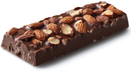 A rich, dark chocolate bar, adorned with toasted almonds, promising a satisfying crunch and melt-in-your-mouth sensation.