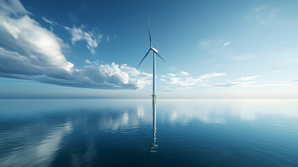 A modern offshore wind farm with turbines in crystal clear blue water, with reflections of the turbines on the surface.
