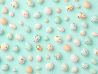 Pastel colored Easter eggs scattered on a pastel mint blue background, Easter pattern
