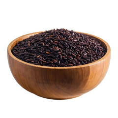 Black rice in a wooden bowl, isolated on white. Represents healthy eating, grains, or culinary ingredients. Use for food blogs, recipe websites, or nutritional content.