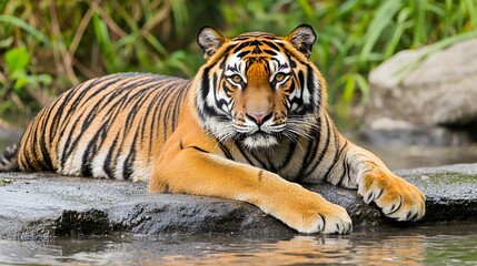 Majestic Tiger Resting on Rocks Near Water