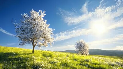 Obraz premium Two Blooming Trees in a Sunny Spring Meadow