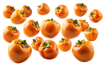 Floating Persimmons: A vibrant collection of ripe persimmons floats against a white background, showcasing their rich orange hue and delicate green calyxes.