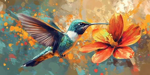 Vibrant pop art hummingbird approaching a radiant flower
