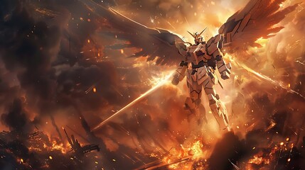 A Gundam with wings of light, soaring above a burning battlefield, symbolizing hope and victory.

