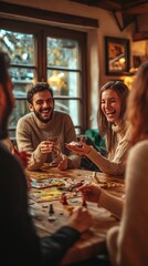 Cozy Game Night: A heartwarming scene of friends gathered around a wooden table, engrossed in a game, laughing together and savoring a relaxed evening filled with camaraderie.