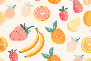 A cute, whimsical pattern of little fruits, such as strawberries, oranges, and bananas, illustrated in soft pastel colors