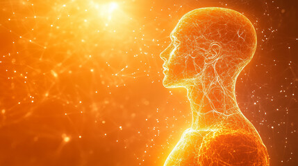 A vibrant orange radiates health, surrounded by abstract symbols of joy and mental well-being, evoking warmth and positivity.