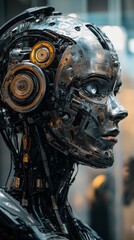 Futuristic female robot with metallic face and intricate mechanical details