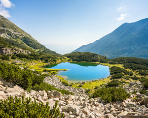 Muratovo lake in summer sunny day. Still water surface, green grass, stones and Mt. Todorka slope. Pirin national park, Bulgaria.