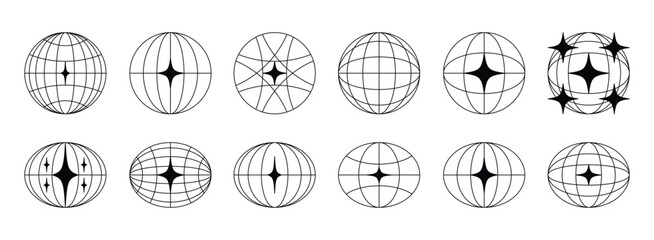 World globe retro grids in oval and round form with stars icons set. earth latitude and longitude line grid. futuristic design elements.