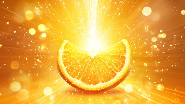 A vibrant orange radiates health, surrounded by abstract symbols of joy and mental well-being, evoking warmth and positivity.