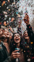 A joyous celebration captured in a vibrant display of color and merriment, with individuals laughing and dancing amid a flurry of confetti
