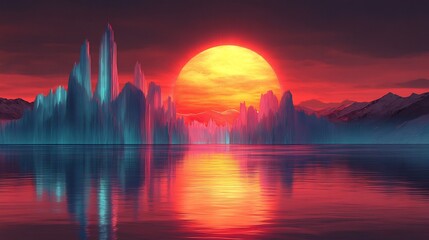 Obraz premium Vibrant sunset illuminates futuristic city skyline reflected serenely on calm water. AI Generated