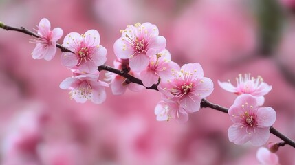 Fototapeta premium A delicate dance of pink and white, plum blossoms, like ethereal butterflies, unfurl their petals on a spring breeze, their fragrance filling the air.