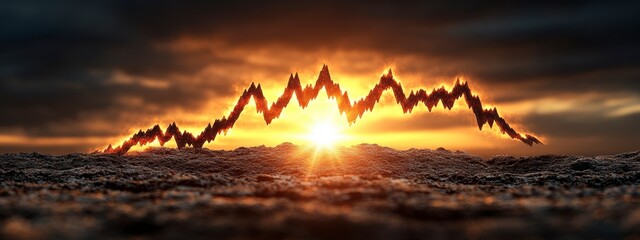 Fiery Stock Market Graph at Sunset Rising Trend Over Dark Terrain