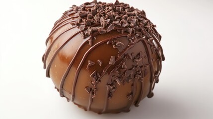A golden-brown caramel apple, its skin glistening with a sweet glaze, cradled a luscious chocolate drizzle, a symphony of flavors in every bite.