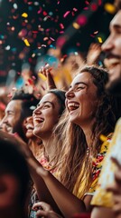 Obraz premium Festive Celebration: Capturing a vibrant moment of pure joy, with a crowd of people laughing, immersed in a confetti shower, embodies elation and celebration