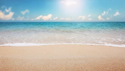 serene beach shoreline with gentle ocean waves and golden sand under a bright blue sky, perfect for travel and relaxation themes

