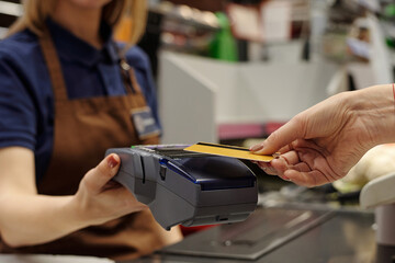 Closeup of unrecognizable female cashier handing banking terminal to customer paying via NFC at checkout in store, copy space