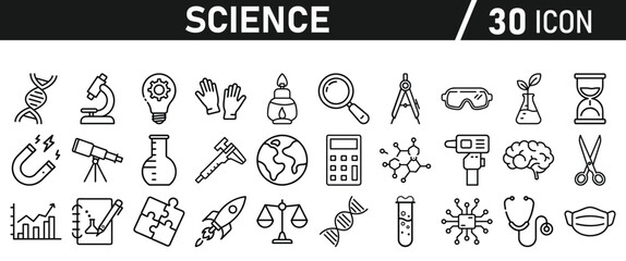 Science icon set in liner style. Biology, laboratory, experiment, test tube, scientist, research, physics, chemistry icons. Icons Vector illustration.