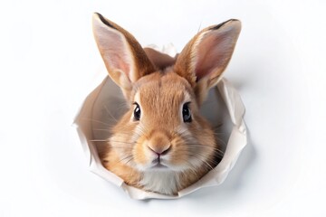 Obraz premium Adorable Brown Bunny Peeking Through Paper Hole - Cute Rabbit Sticker Style Stock Photo