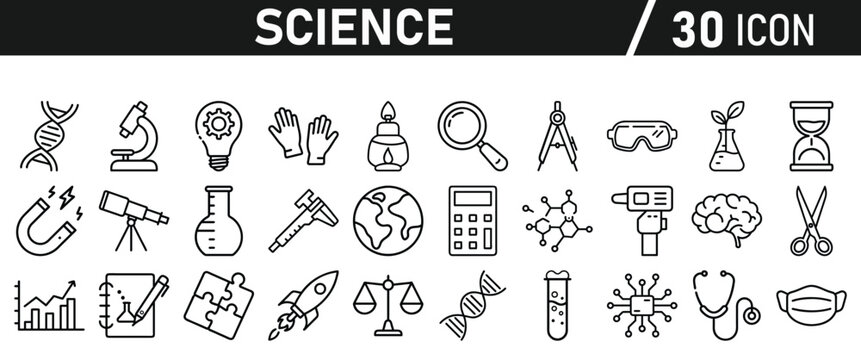 Science icon set in liner style. Biology, laboratory, experiment, test tube, scientist, research, physics, chemistry icons. Icons Vector illustration.