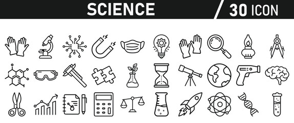 Science icon set in liner style. Biology, laboratory, experiment, test tube, scientist, research, physics, chemistry icons. Icons Vector illustration.