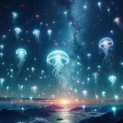 Obraz premium A sky full of glowing jellyfish-like creatures floating among the stars