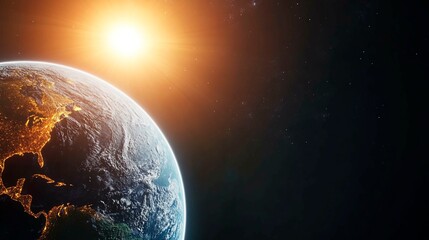 Fototapeta premium The Sun and Earth, showing their celestial positions with the Earth in orbit around the Sun. The planet is visible from space as sunlight illuminates its surface.