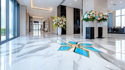 Fototapeta premium Luxurious Hotel Lobby Interior with Marble Floor Floral Arrangements and Modern Design
