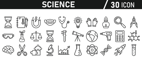 Science icon set in liner style. Biology, laboratory, experiment, test tube, scientist, research, physics, chemistry icons. Icons Vector illustration.