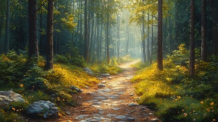 Obraz premium Serene Forest Path Sunlit Woodland Trail with Rocks and Lush Greenery