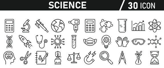 Science icon set in liner style. Biology, laboratory, experiment, test tube, scientist, research, physics, chemistry icons. Icons Vector illustration.