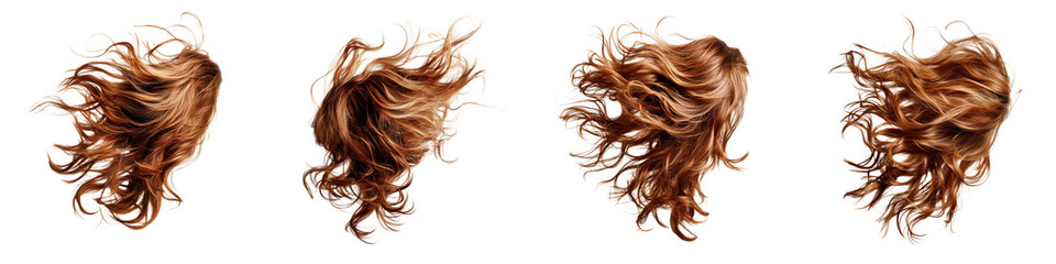 set of Curly hair swaying in the wind, loose hair floating in the wind, curly hair, loose curly hair flying in the wind, loose hair dancing with the wind, on a transparent backgrounds