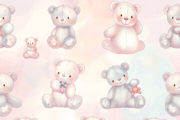 Fototapeta premium A heartwarming pattern of cute teddy bears in various playful poses, set against a soft pastel light background
