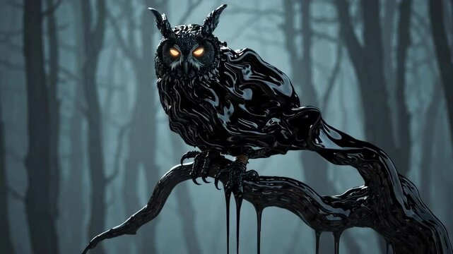 Mysterious black oil owl perched on branch in dark forest
