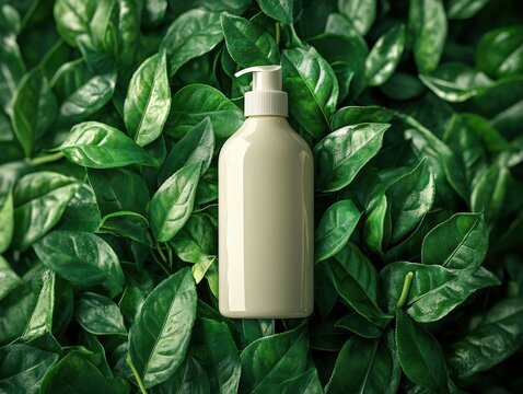 Blank cosmetics bottle mockup surrounded by lush green leaves