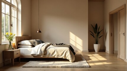 Serene Bedroom Sanctuary Sunlight Illuminates a Calm and Cozy Space Featuring a Light Beige Duvet, Wooden Bed Frame, and Natural Light Streaming Through a Large Window