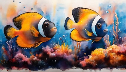 Fototapeta premium Fish swim coral reef in ocean