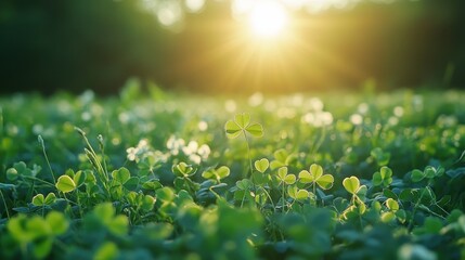 Obraz premium A verdant tapestry of fresh green clover leaves, their vibrant hue kissed by the sun, stood tall against the backdrop of a lush green meadow.
