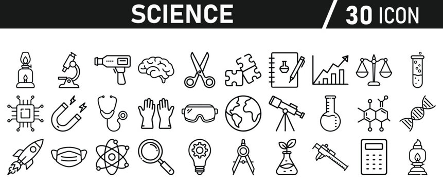 Science icon set in liner style. Biology, laboratory, experiment, test tube, scientist, research, physics, chemistry icons. Icons Vector illustration.