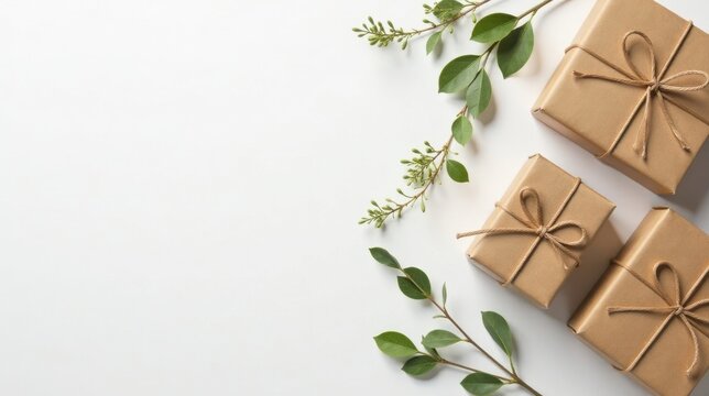 Eco-Friendly Presents Wrapped in Kraft Paper with Lush Greenery Accents on a White Background
