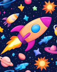 Cartoon rocket soaring through vibrant space