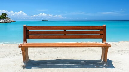 Empty Wooden Bench on the Beach, Ocean, Clear Sky With Copy Space For Relaxation or Travel