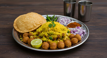 Spicy Indian Street Food Platter: Sev Puri with Puri Bread & Kachori Balls