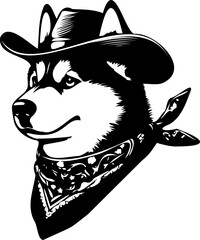 SVG file portrait of a husky dog ​​in a cowboy hat for printing, emblems, laser printing © maria