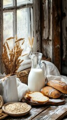 Rustic Breakfast Still Life: A charming still life evokes a sense of rustic warmth, featuring freshly baked bread, a pitcher of creamy milk, and delicate wheat sprigs.