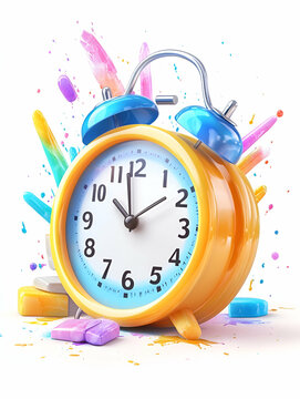 Colorful alarm clock exploding with paint, isolated